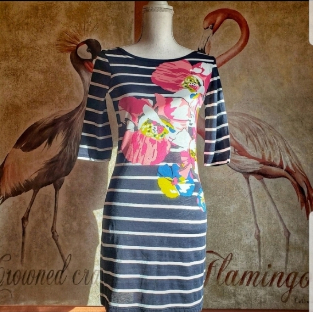 French Connection T Shirt Dress Stripe Floral Navy White Stretch 4
